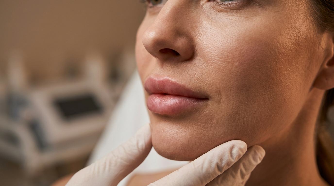 Detalhe de pele durante avaliação estética